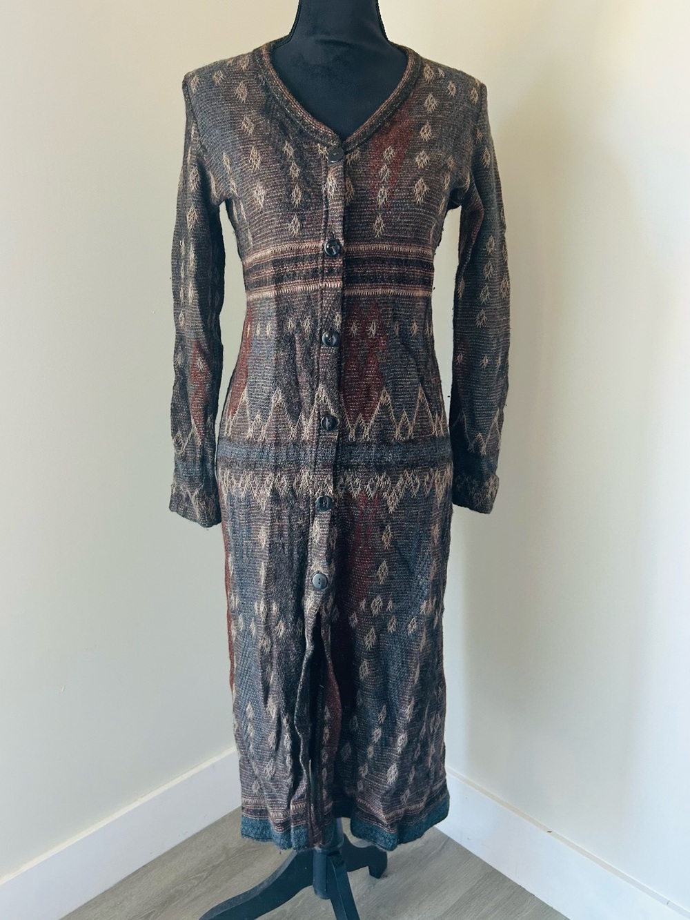 Peruvian Connection Alpaca Brown Patterned Long Button-Front Dress - Picture 1 of 7